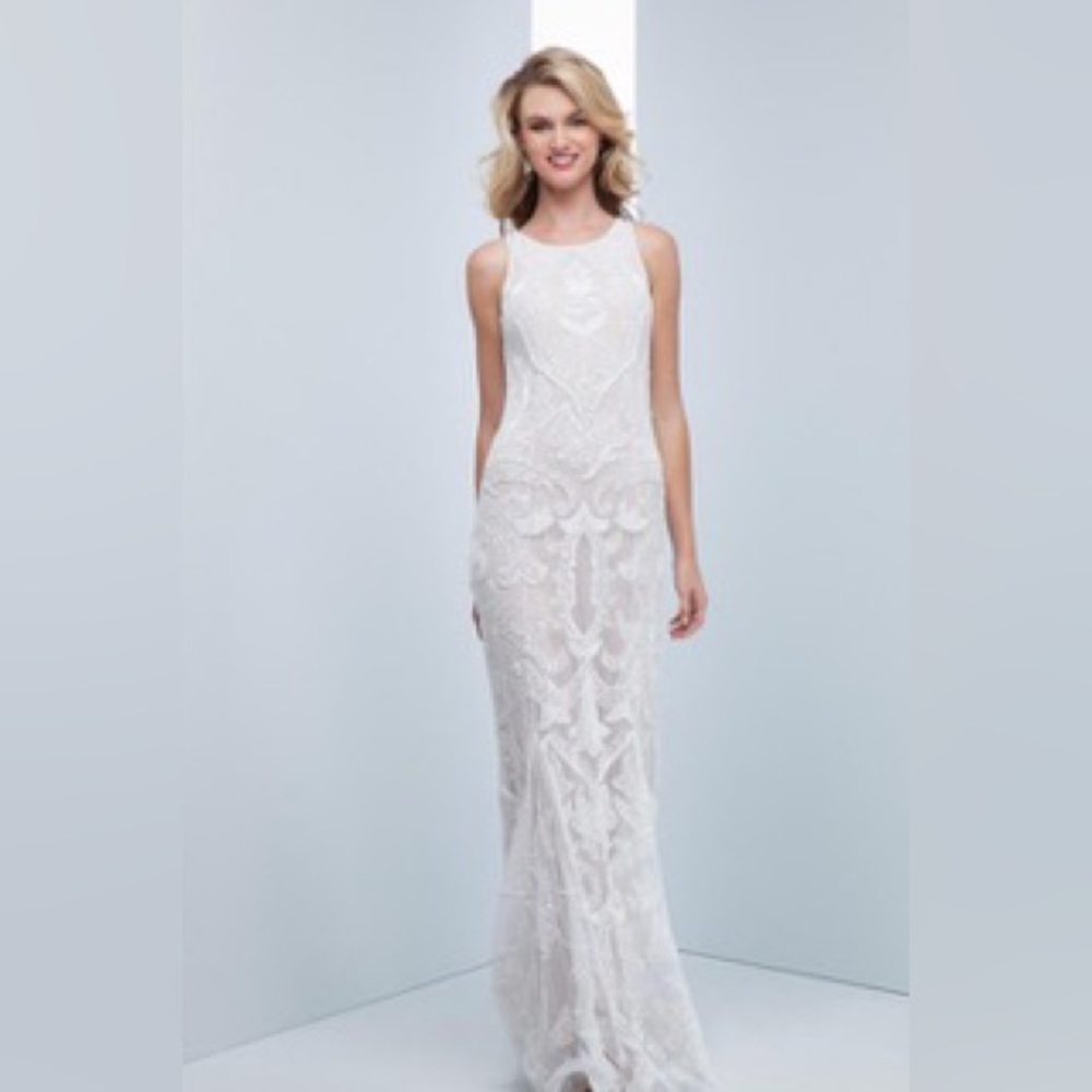 Mignon Long Formal Evening Gown - Sleeveless White Beaded with Open Back